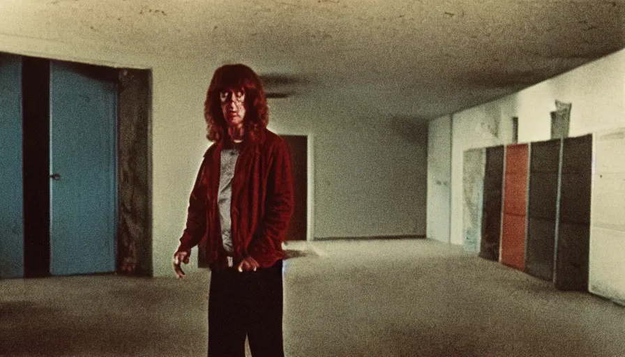 Image similar to 7 0 s film still from a horror movie featuring a person suffering from treacher collins syndrome standing alone in a liminal space, kodachrome, cinecolor, cinestill, photorealism, cinematic, film grain, film texture, vhs recording