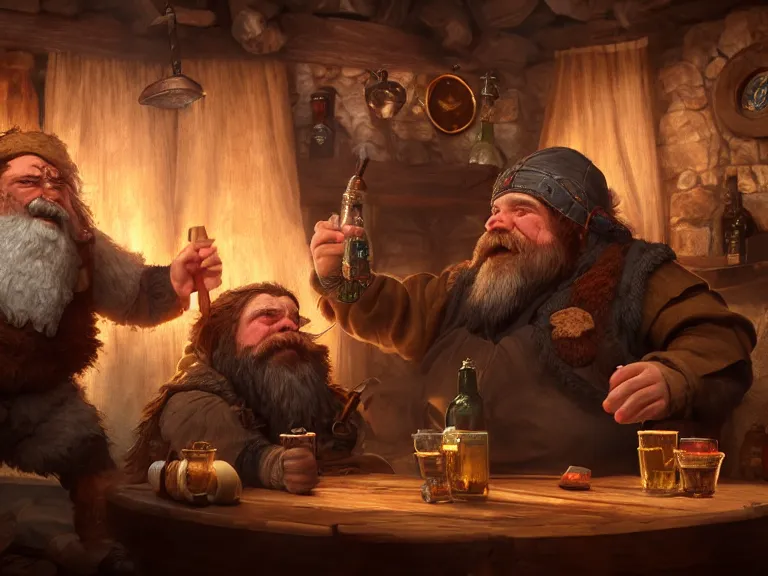 Prompt: Drunk Dwarf and his Bear start a fight at the Tavern, RPG Portrait, Oil Painting, Trending on Artstation, octane render, Insanely Detailed, 8k, HD