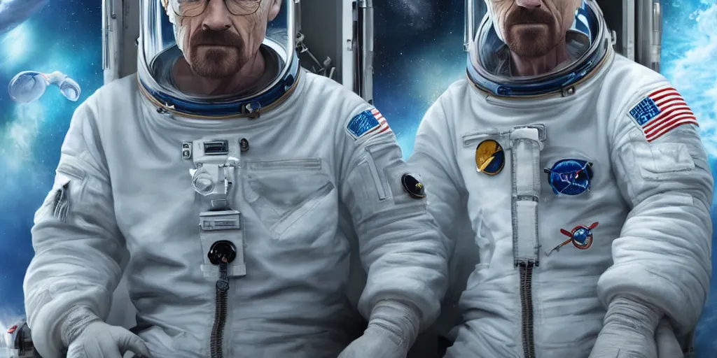 Image similar to Walter White as an astronaut outside a space station, 4k detailed, very very well detailed image 5, 8k