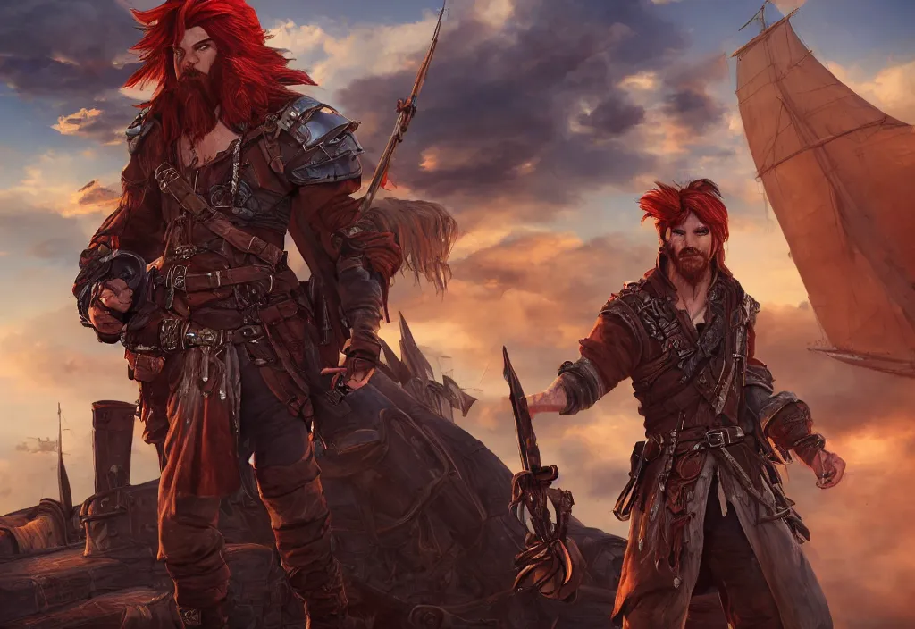 Image similar to character sheet : an epic fantasy comic book style portrait painting of a long haired, red headed male sky - pirate in front of an airship, unreal 5, daz, hyperrealistic, octane render, cosplay, rpg portrait, dynamic lighting