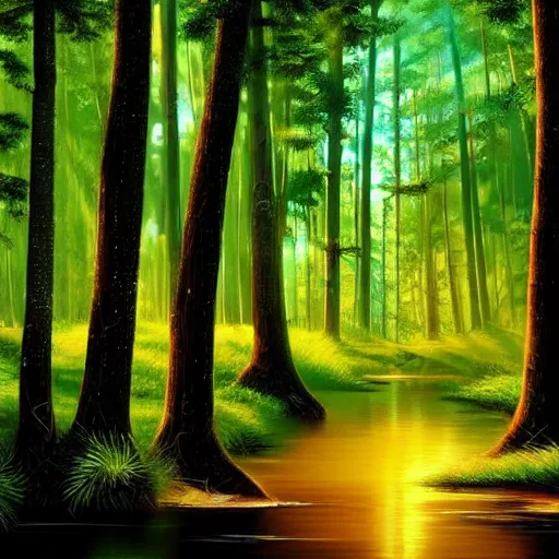 Image similar to forest, sun rays, with a river sparkling oil painting 4 k