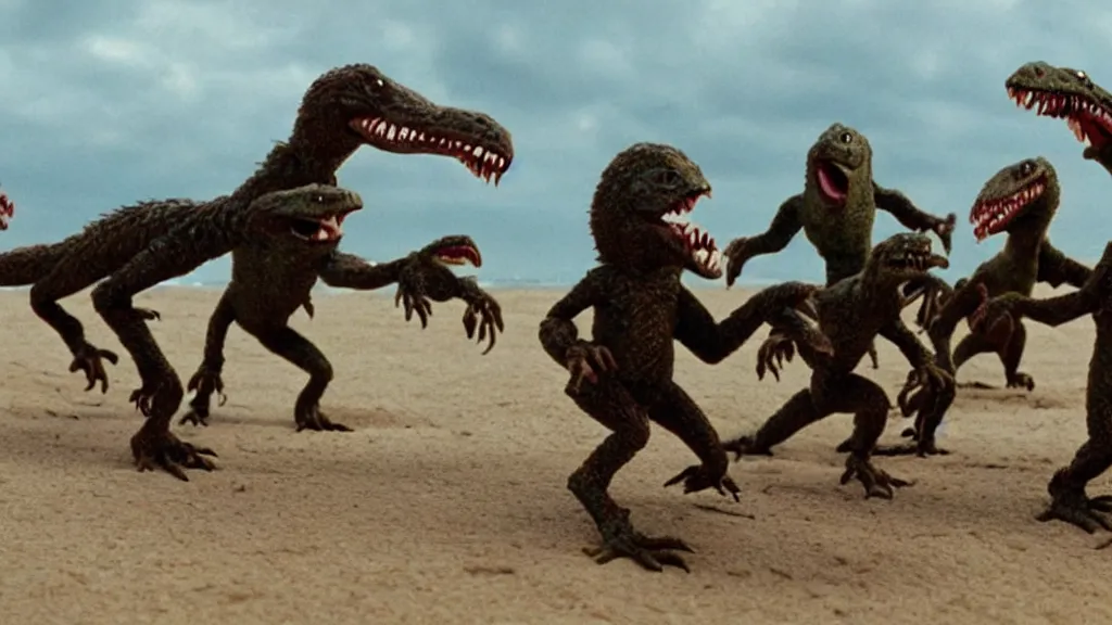 Prompt: A movie screenshot of Velociraptors storming the beach at Normandy, directed by Henry Selick and Tim Burton, claymation.