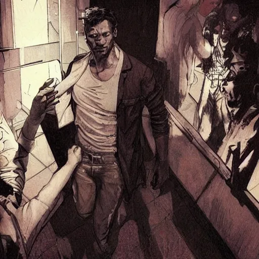 Prompt: a beautiful artwork of a man in jeans and white shirt entering a nightclub, by Jerome Opeña, smoky noir atmosphere theme featured on artstation