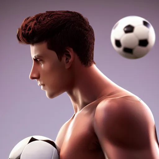 Image similar to a realistic detailed photo of a guy who is an attractive humanoid who is half robot and half humanoid, who is a male android, attractive and handsome soccer players, shiny skin, posing like a statue, blank stare, in a factory, on display, showing off his muscles, wearing soccer shorts, side view, looking at each other mindlessly