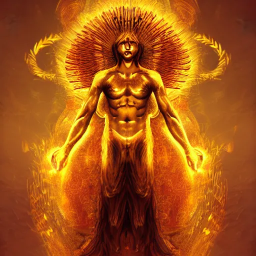 Image similar to a god made of golden fire, concept art, digital illustration