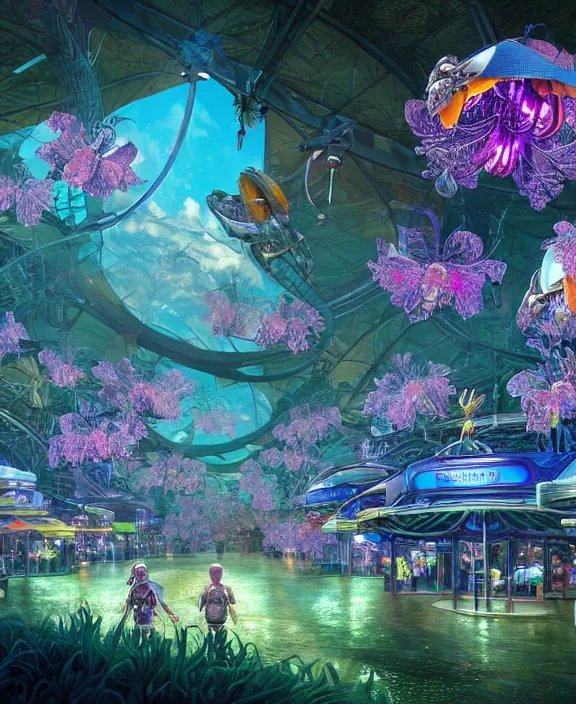 Prompt: an amusement park made out of seamless alien isopod dragonflies, in the style of an aerodynamic robot, overgrown with puffy orchids, partly cloudy, somber, dramatic lighting, by dan mumford, yusuke murata, makoto shinkai, ross tran, cinematic, unreal engine, cel shaded, featured on artstation, pixiv