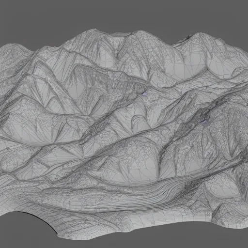 Prompt: contour map of a scottish mountain, 3 d, furnished with trees, snow patches, rivers, realistic