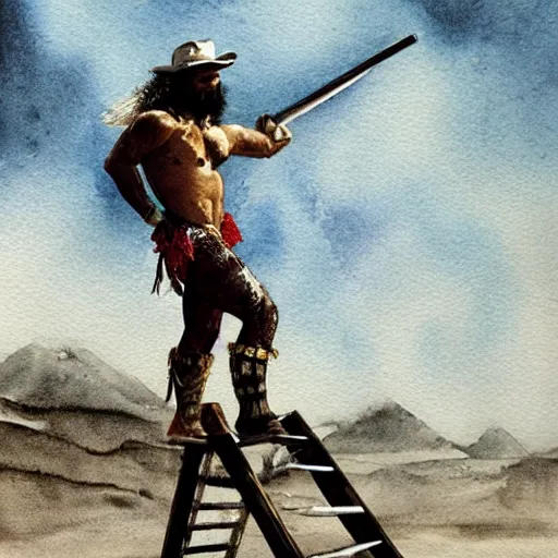 Image similar to randy savage with a ladder posing in desolate wasteland | fantasy watercolour painting | middle earth | conan | barbarian