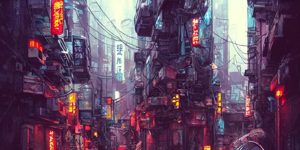 Image similar to Cyberpunk back alley on a rainy day in Japan, low angle view, detailed matte painting, cinematic, Moebius, Artstation