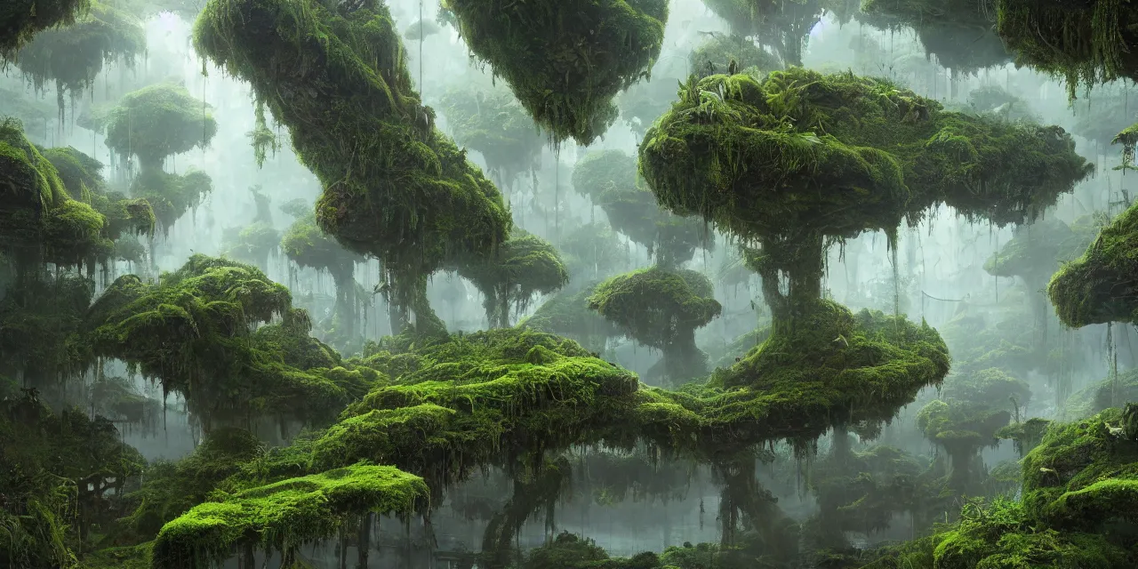 Prompt: a beautiful hyper realistic detailed matte painting of floating buildings and megastructure overgrown moss, made of tree and fantasy valley, by alejandro burdisio and laurie greasley, alejandro burdisio art, tyler edlin fantasy art, 4 k ultra realistic, cgsociety, dynamic volumetric cinematic lighting, trending on artstation