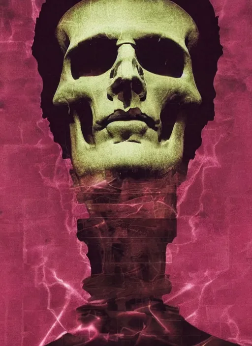 Image similar to elegant dark design poster showing a statue of the roman emperor julius caesar with a skull, black background with very subtle red and purple design elements, bold, powerful, nekro, vito acconci, thin straight purple lines, dark, glitch art, neo vaporwave, gritty, layout frame, square, trending on artstation