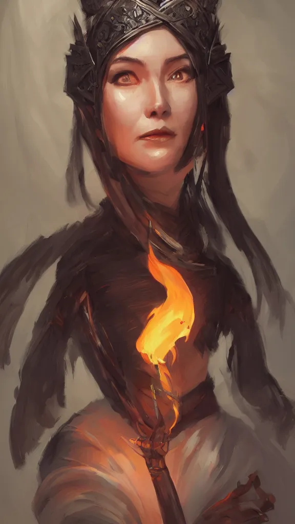 Image similar to An ultradetailed portrait of a smiling female goddess wizard of fire wearing long black duster by Tian Zi, Mandy Jurgens and Viktoria Gavrilenko trending on artstation :1.7