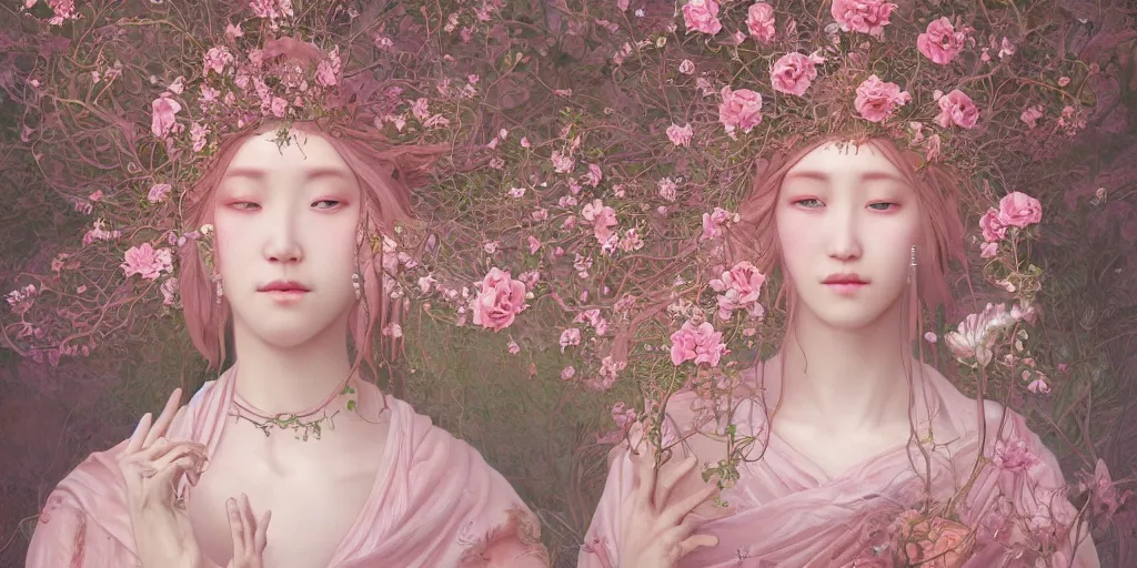 Image similar to breathtaking detailed weird concept art painting of few goddesses of light pink flowers, orthodox saint, with anxious, piercing eyes, ornate background, amalgamation of leaves and flowers, by Hsiao-Ron Cheng, extremely moody lighting, 8K