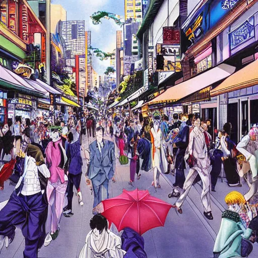 Image similar to a beautiful painting of people traveling down a busy city street by hirohiko araki, detailed line art, jojos bizarre adventure