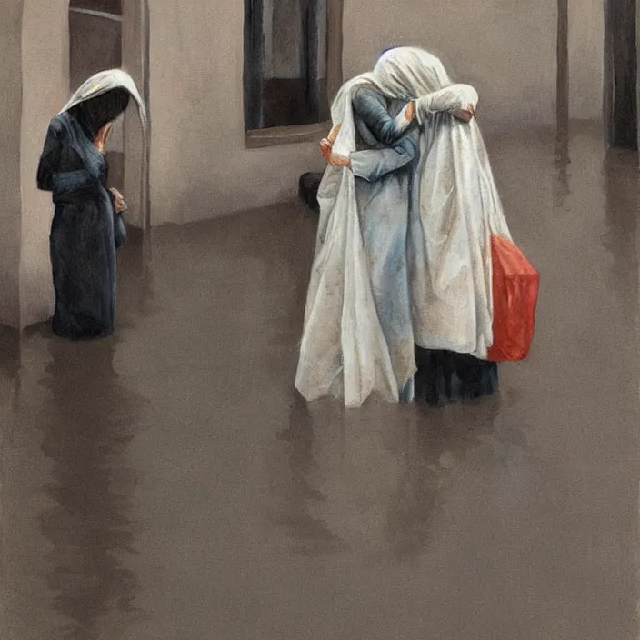 Image similar to two women hugging with a paper bag over the head dressed in plastic bags on flooded streets, highly detailed, artstation, art by, , edward hopper, Zdzislaw Beksinski, highly detailed