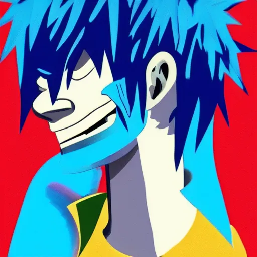 Prompt: 2 d gorillaz, a man with messy blue hair and no eyes, portrait, gorillaz style, jamie hewlett, neutral expression