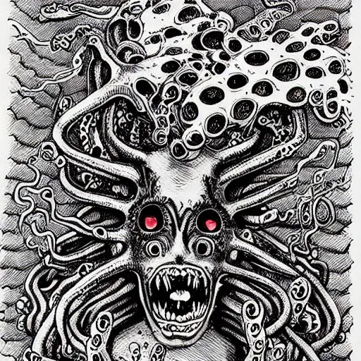 Image similar to a horrifying corgi demon with many eyes and tentacles, detailed manga drawing by junji ito, kentaro miura