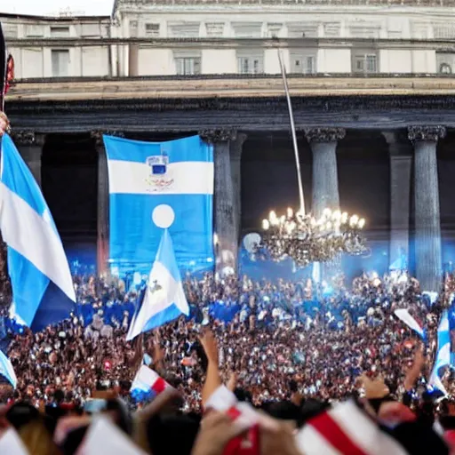 Image similar to Lady Gaga as president, Argentina presidential rally, Argentine flags behind, bokeh, giving a speech, detailed face, Argentina