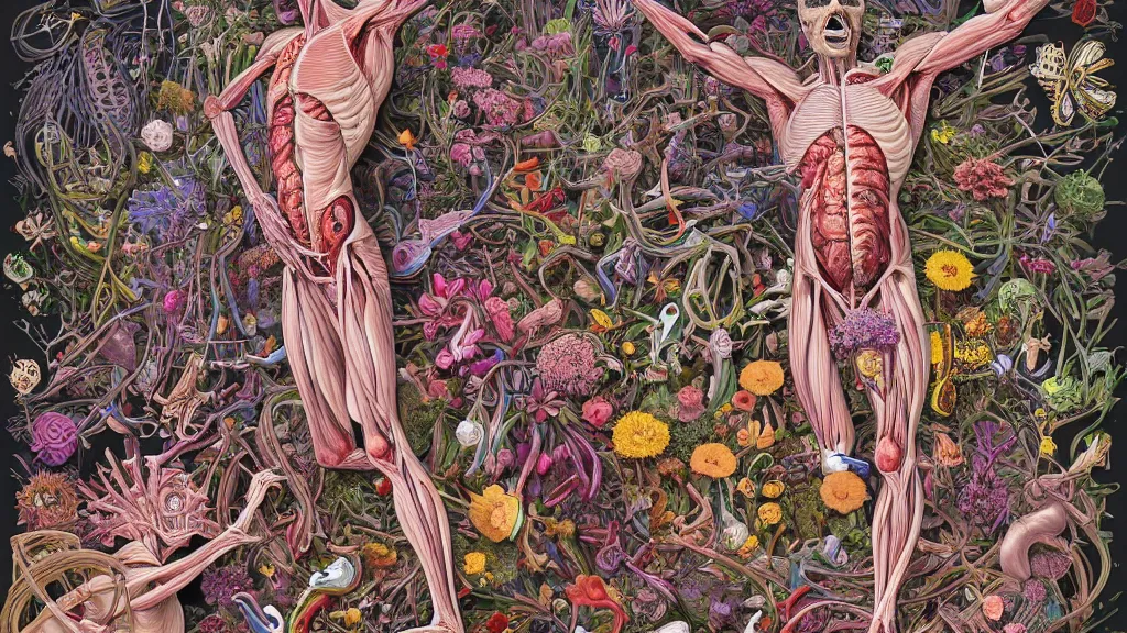 Image similar to highly detailed illustration of a human anatomy body exploded by all the known species of flowers by juan gatti, by moebius!!,, by oliver vernon, by joseph moncada, by damon soule, by manabu ikeda, by kyle hotz, by dan mumford, by kilian eng