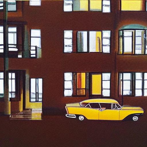 Image similar to painting of a 1960s American car parked outside of an apartment block, atmospheric lighting, detailed, optimistic