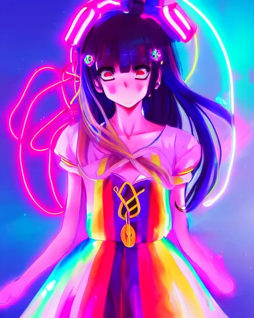 Image similar to anime style, vivid, expressive, full body, 4 k, painting, a cute magical girl idol with a long wavy colorful hair wearing a colorful dress, correct proportions, stunning, realistic light and shadow effects, neon lights, studio ghibly makoto shinkai yuji yamaguchi