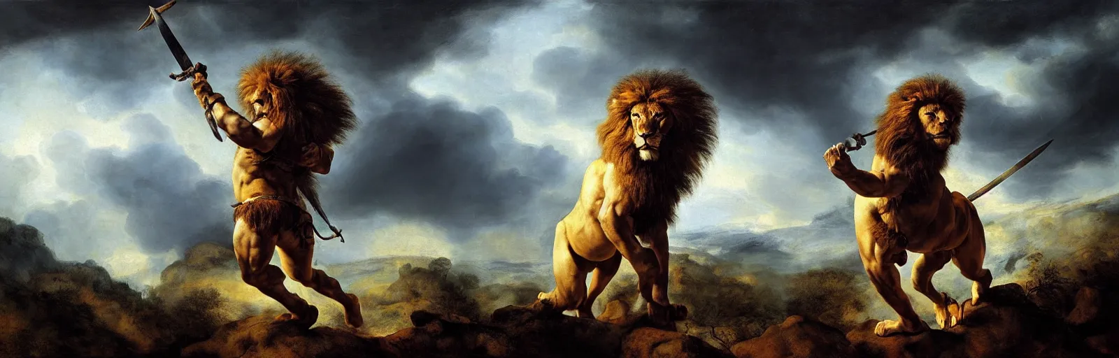 Prompt: muscular lion as barbarian with sword in epic pose and strong backlight , very textured detailed oil painting panoramic backlight portrait by rembrandt, backlight, dramatic clouds, thunder storm and forest on fire ,sun rays