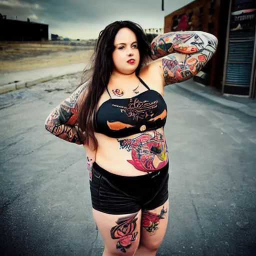 Image similar to fat girl, long hair, tattooed, photo