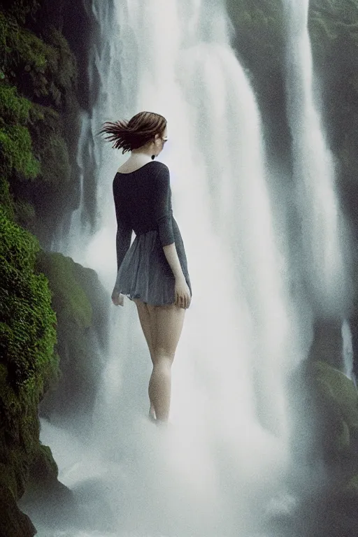 Image similar to intimate photo of emma watson walking through a waterfall, portrait in the style of petter hegre, sharp details, beautiful face, pale skin, rule of thirds, cinematic lighting, rainy weather, melancholy atmosphere, sharp focus, backlit, stunning, smooth, hard focus, full body shot, instagram photo, shot on iphone 1 3 pro max, hyper realistic