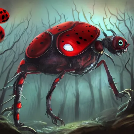 Image similar to ladybug as a monster, fantasy art style, scary atmosphere, nightmare - like dream ( video game style )