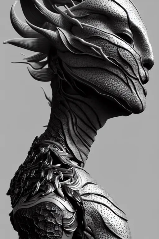 Prompt: bw close - up profile face, black background, beautiful young porcelain vegetal - dragon - cyborg - female, 1 5 0 mm, beautiful natural soft rim light, silver gold details, magnolia leaves and stems, roots, mandelbot fractal, elegant, hyper real, ultra detailed, white metallic armour, octane render, 1 6 k