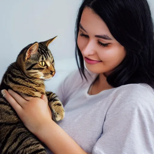 Image similar to a young adult woman with long dark hair, big and shiny black eyes and her tabby cat, a stock photo by juan villafuerte, pexels contest winner, high quality photo, rtx, hd, tumblr contest winner, anime, pretty, sensual