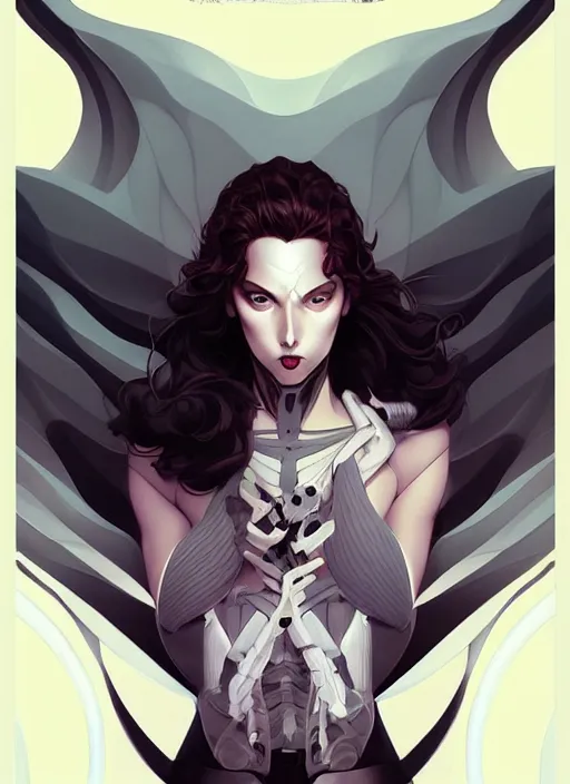 Image similar to artgerm, joshua middleton comic cover art by aigoworld, triangular skeletal calcium fungus lich, full body, symmetrical eyes, symmetrical face, long curly black hair, cyborg, warm colors