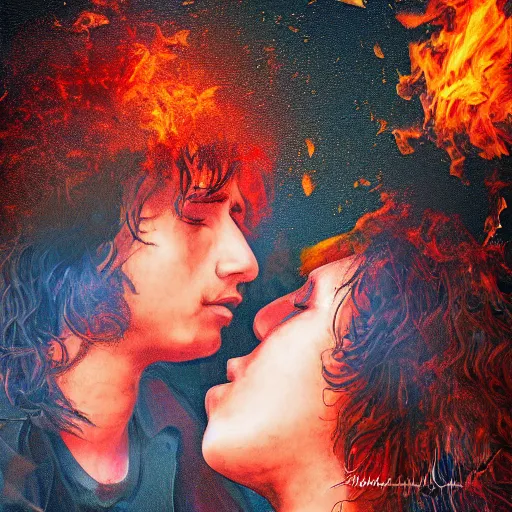 Image similar to young lovers looking into each others eyes while fire burns all around them, digital art high detail,