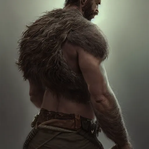 Prompt: back portrait of a rugged ranger, full body, hairy torso, medium-length hair, D&D, fantasy, intricate, elegant, highly detailed, digital painting, artstation, concept art, matte, sharp focus, illustration, art by Artgerm and Greg Rutkowski and Alphonse Mucha