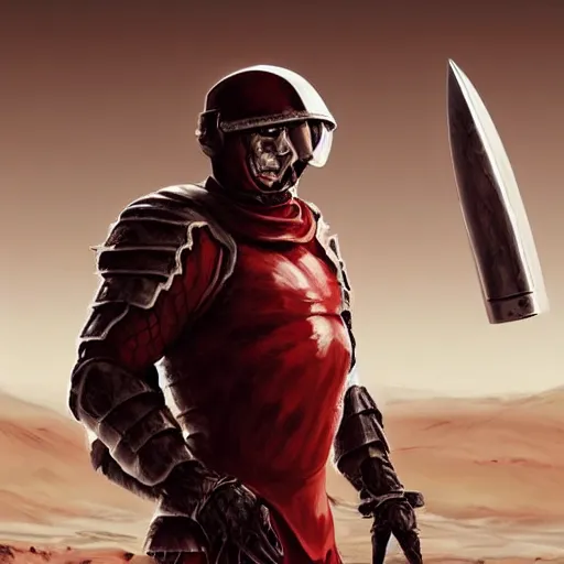 Image similar to full body shot of a muscular soldier vertical nose slits, angular eyebrows, blood - spattered glossy sleek white dinged scuffed armor and a long torn red cape, heroic posture, battle - weary, strained expression, determined expression, no helmet, on the surface of mars, dramatic lighting, cinematic, sci - fi, hyperrealistic, detailed