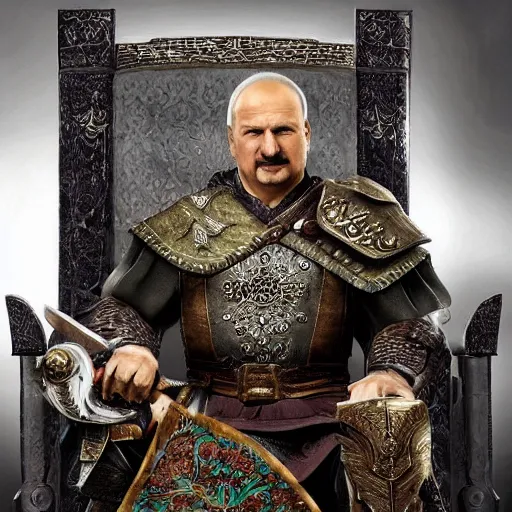 Image similar to Alexander Lukashenko as a Jarl of Belarus Hold in The Elder Scrolls V: Skyrim sitting on his throne in a slumped pose