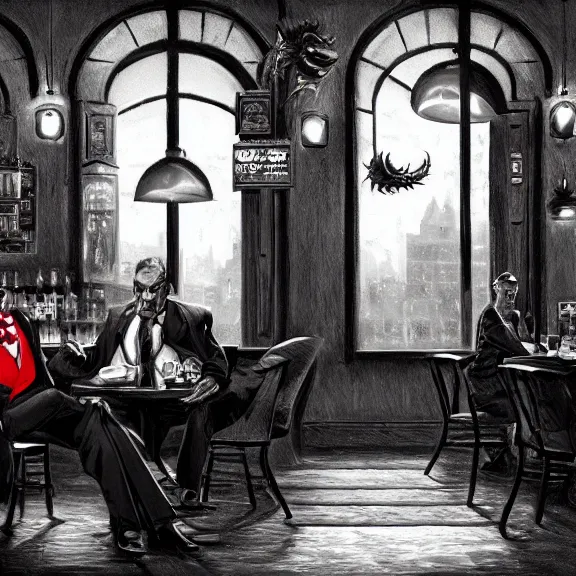 Image similar to the devil monster and a handsome gentleman sitting in a pub, film noir style, black and white and red colors, establishing shot, highly detailed, digital painting, artstation, concept art, smooth, sharp focus, illustration, Unreal Engine 5, 8K, art by artgerm, realistic painting