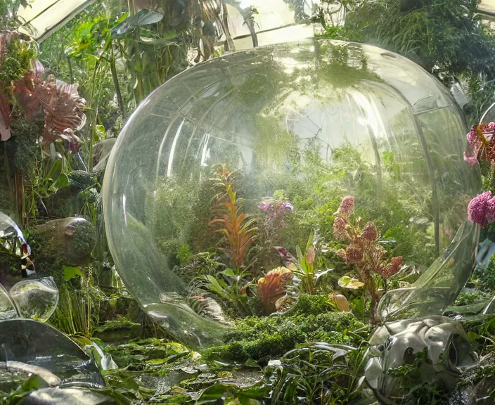 Image similar to transparent clear see - through image of mollusks, lush botany, orchids, ferns, garden environment, ultra realistic, concept art, art nouveau, photorealistic, octane render, 8 k, unreal engine. art by gustave dore and nori inoguchi and sam kaplan and zachary goulko and christopher marley and artgerm and alphonse mucha