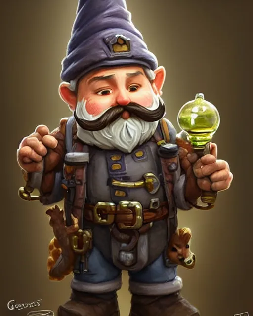 Image similar to A little engineer gnome with a bushy moustache, his tired and grubby with oil stains, standing next to a little mechanical squirrel , deep focus, D&D, fantasy, intricate, elegant, highly detailed, digital painting, artstation, concept art, matte, sharp focus, illustration, hearthstone, art by Artgerm and Greg Rutkowski and Alphonse Mucha