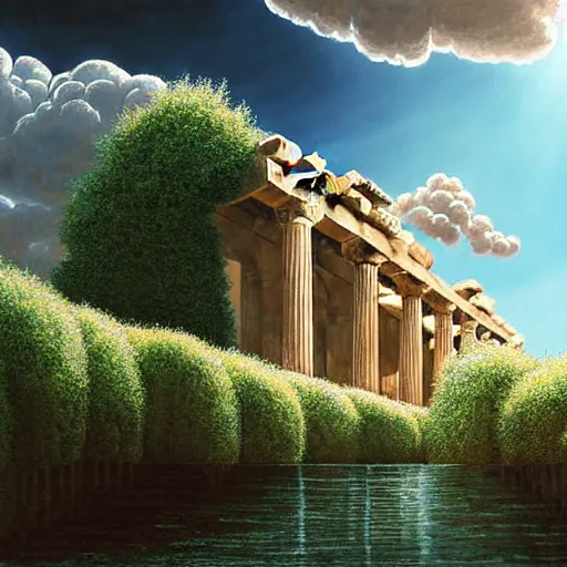 Prompt: beatiful Athena godess looking from a giant Zeus head, greek temple of olympus glory island little wood bridge painting of tower ivy plant in marble late afternoon light, wispy clouds in a blue sky, by frank lloyd wright and greg rutkowski and ruan jia