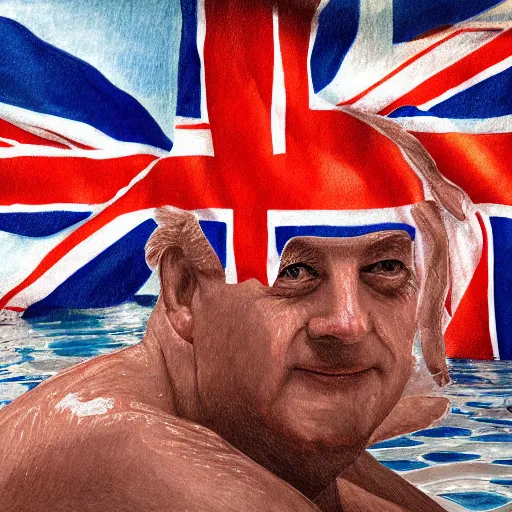 Image similar to the leader of the united kingdom swimming in a pool of beans digital painting art