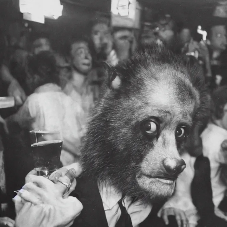 Prompt: Sepia medium shot shallow depth of field hyperrealistic street photography of a drunk werewolf with hirsutism and a doglike face and an elegant hairstyle wearing a fancy suit in a dark dive bar by Lisette Model by Diane Arbus in 1962, grainy shocking detail hyperrealistic trending on artstation