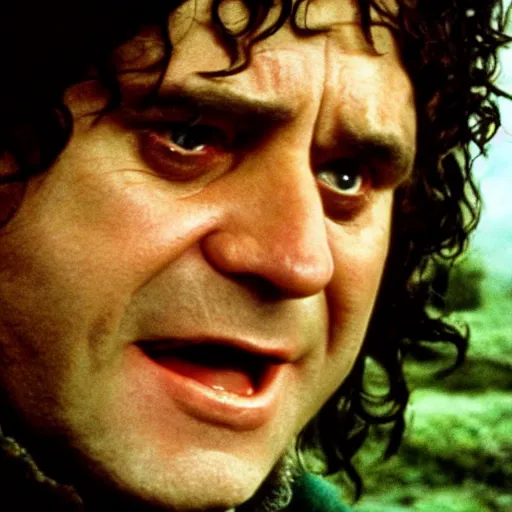 Prompt: the lord of the ring stills face closeup Frodo Baggins played by Danny DeVito directed by peter jackson