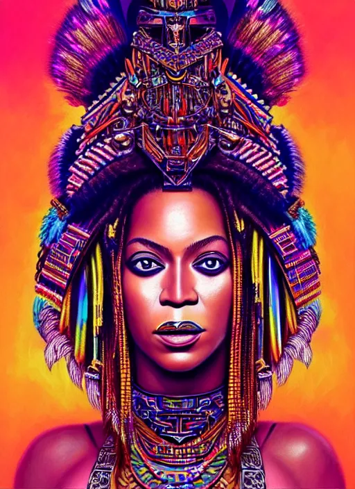 Image similar to portrait of beyonce, hyper detailed ultra sharp aztec shaman warrior. trending on artstation, warpaint aesthetic, bloodwave, colorful, psychedelic, ornate, intricate, digital painting, concept art, smooth, sharp focus, illustration, art by artgerm and greg rutkowski and h. r. giger, 8 k