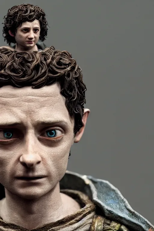 Image similar to tribute sculpture of elijah wood as frodo, cybertronian, long shot, cinematography by wes anderson, 4 k octane render, intricate detail, photorealistic, cinematic lighting, artstation