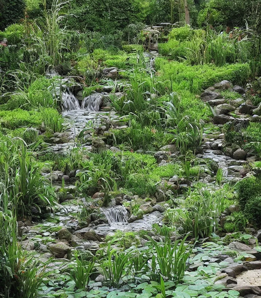 Image similar to a garden, in which there is a flowing water sculpture made of bamboo, garden landscape and symmetrical landscape ， by andre le notre ， trending ，