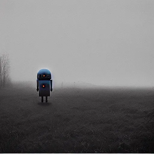 Image similar to the liminal observer droid by dennis mejillones, in a brutalist yet rural landscape by simon stalenhag, 3 5 mm film photography, dawn, eerie fog