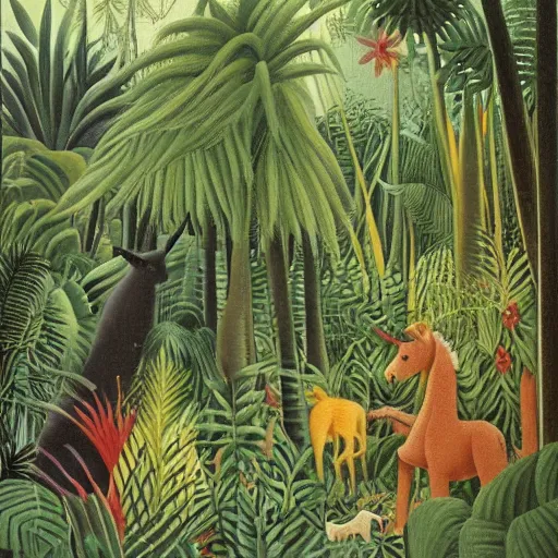 Image similar to A unicorn, nature, jungle, Henri Rousseau