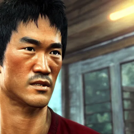 Prompt: a screenshot of bruce lee in uncharted 4. 3 d rendering. unreal engine. amazing likeness. very detailed. cartoon caricature