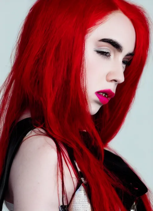 Image similar to ava max bright red hair photographed by charlotte rutherford, canon, highly realistic. high resolution. highly detailed. dramatic. 8 k. 4 k.